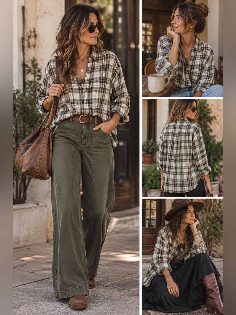 Jones New York 100% thick Linen Plaid Button-Up Shirt in Olive, Brown & Cream